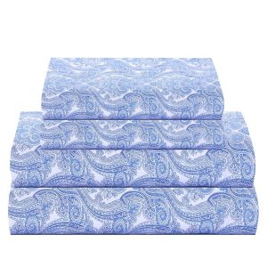 Feather & Stitch Softest 100% Cotton Sheets, 300 Thread Count Percale Weave Bedding, 16" Deep Pocket, Cooling Sheets, Breathable Bed Set, Hotel Premium Quality (King Blue Paisley)