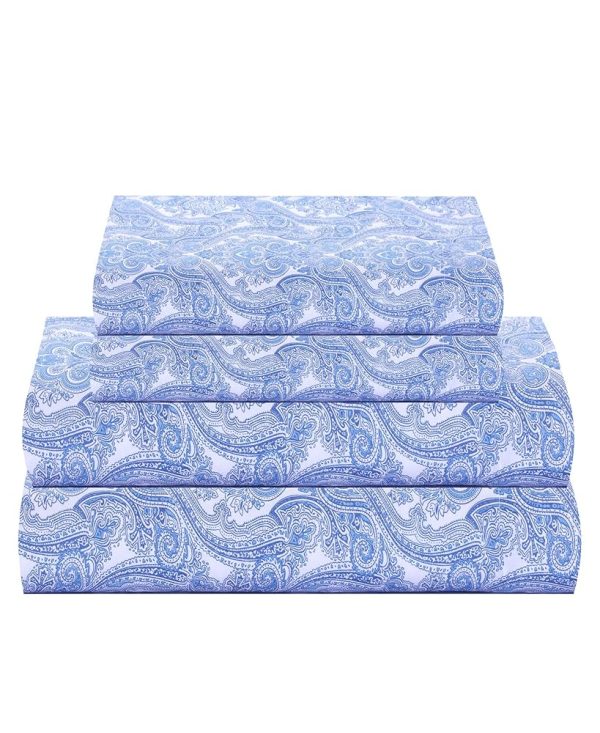 Feather & Stitch Softest 100% Cotton Sheets, 300 Thread Count Percale Weave Bedding, 16" Deep Pocket, Cooling Sheets, Breathable Bed Set, Hotel Premium Quality (King Blue Paisley)