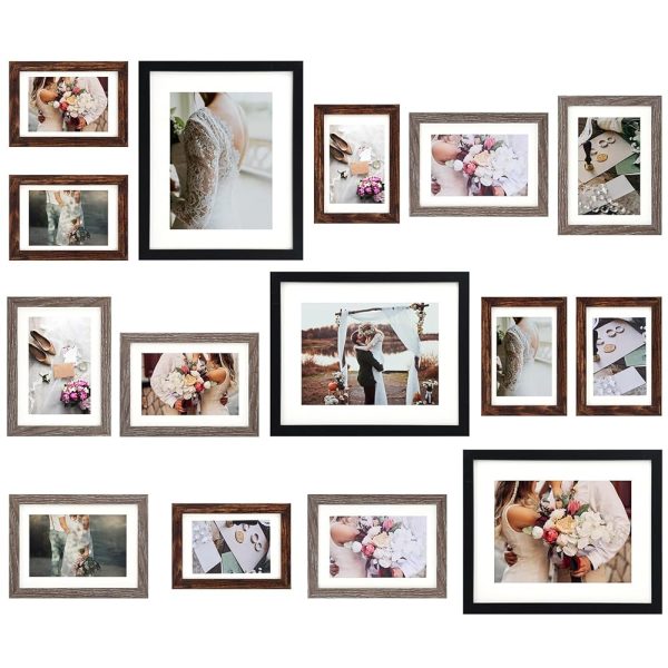 Fixwal Picture Frames Set, 15 Pack Wall Frame Set in 3 Different Finishes with Mat for Multiple Sizes Photos, Three 8x10, Six 5x7, Six 4x6 for Wall Gallery Decor, Hanging or...