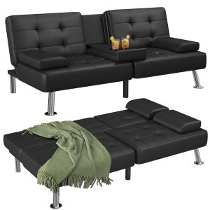 Flamaker Futon Sofa Bed Modern Folding Futon Set Faux Leather Convertible Recliner Lounge for Living Room with 2 Cup Holders, Removable Armrests (Faux Leather, Black)