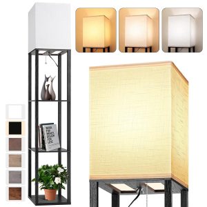 Floor Lamp with Shelves for Living Room, Shelf Floor Lamp with 3 CCT LED Bulb, Corner Display Standing Column Lamp Etagere Organizer Tower Nightstand with White Linen Shade for...