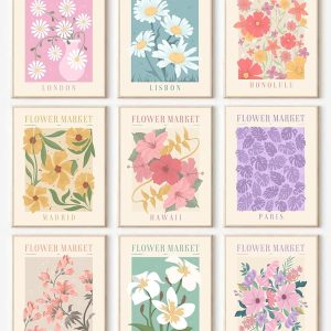 Flower Market Posters Set of 9, Minimalist Flower Market Wall Art Prints, Vintage Flower Pictures Wall Decor, Abstract Canvas Colorful Floral Painting for Living Room,Bedroom,Dorm,