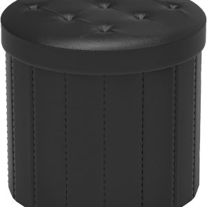 Folding Storage Ottoman Round 14Inch, Foot Stool with Thicker Foam Padded Seat Small Leather Storage Ottoman Bench Foot Rest for Living Room Foldable Coffee Table,Black