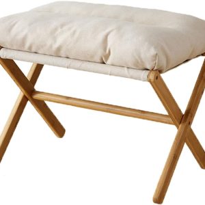 Folding Upholstered Footrest Stool, Small Accent Ottoman with Thick Cotton Cushion & Bamboo X Legs, Modern Padded Sofa Stool for Makeup Bedroom Living Room (Beige)