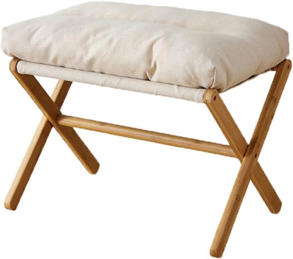 Folding Upholstered Footrest Stool, Small Accent Ottoman with Thick Cotton Cushion & Bamboo X Legs, Modern Padded Sofa Stool for Makeup Bedroom Living Room (Beige)