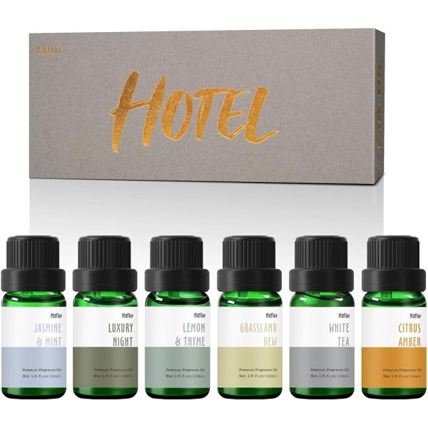 Fragrance Oils, MitFlor Hotel Collection Diffuser Oil for Home, Soap & Candle Making Scents, Aromatherapy Essential Oils Set 6x10ml, Lemon & Thyme, Citrus Amber, White Tea and More