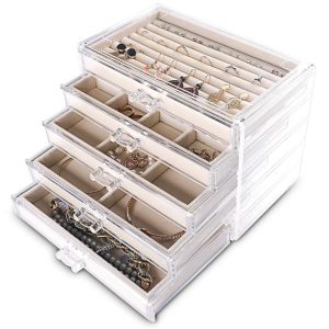 Frebeauty Extra Large Acrylic Jewelry Box for Women Girls 5 Layers Clear Velvet Earring Organizer with 5 Drawers Rings Display Case Necklaces Holder Tray (Beige)