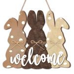 Frienda Easter Bunny Welcome Door Sign Easter Bunny Wooden Door Decorations Easter Door Wreath Hanging Plaque Farmhouse Home Front Door Porch Rabbit Sign with Bow for Shop Home...