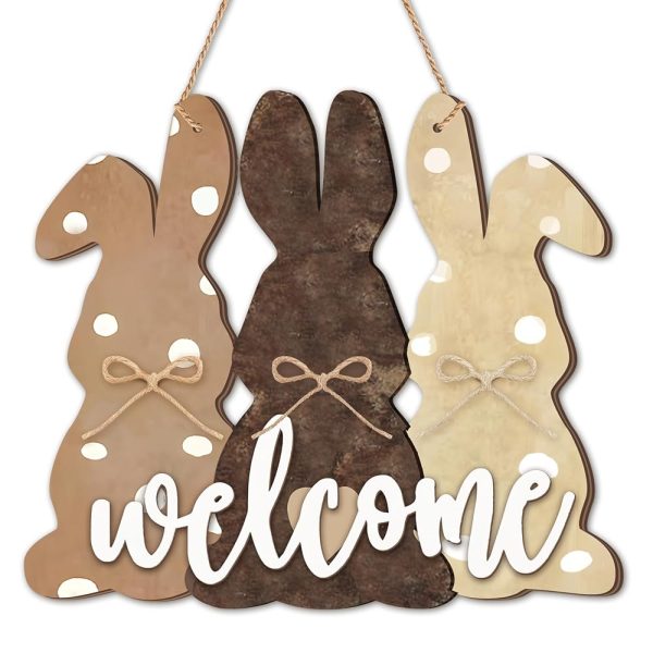 Frienda Easter Bunny Welcome Door Sign Easter Bunny Wooden Door Decorations Easter Door Wreath Hanging Plaque Farmhouse Home Front Door Porch Rabbit Sign with Bow for Shop Home...