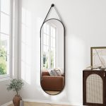 Full Length Mirror, Oval Wall Mounted Mirror, 48"x16" Door Mirror Full Length with Hanging Leather Strap, Wall Mirror Full Length with Aluminum Frame for Bathroom Living Room...