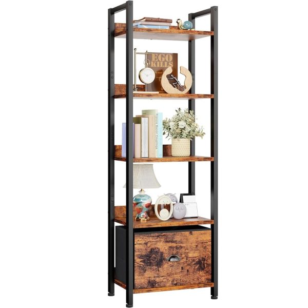 Furologee 5 Tier Bookshelf with Drawer, Tall Narrow Bookcase with Shelves, Wood and Metal Book Shelf Storage Organizer, Industrial Display Standing Shelf Unit for Bedroom,...