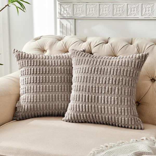 FY FIBER HOUSE Pack of 2 Striped Corduroy Throw Pillow Cover Decorative Couch Pillow Covers for Bed Sofa Living Room 16"×16" Taupe