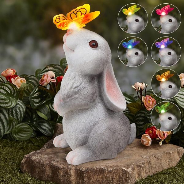 Garden Statue Outdoor Decor-Rabbit with Solar Butterfly Changing Lights Garden Statues,Bunny Statue for Patio,Balcony,Yard,Lawn Ornament,Gardening Gifts for Mom Grandma