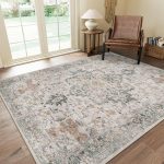 GENIMO 8x10 Area Rugs for Living Room, Machine Washable Non Slip Vintage Retro Rugs, Low Pile Lightweight Chenille Print Rug for Bedroom, Dining Room, Home Office, Light Taupe...