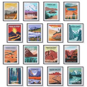 Gersoniel 16 Pieces National Park Posters Vintage of 16 Travel Prints Wall Art Abstract Wall Art and Mountain Print Set Abstract Travel Unframed for Living Room Bedroom Bathroom...