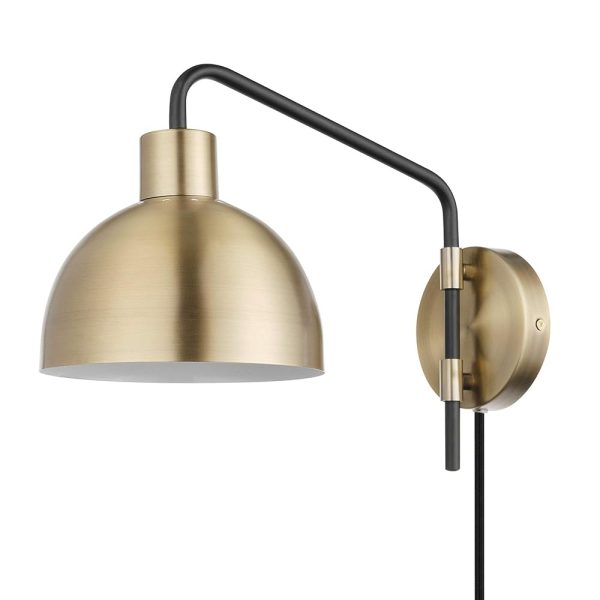 Globe Electric 51719 Dimitri 1-Light Plug-in or Hardwire Wall Sconce, Antique Brass, Matte Accent, Black Fabric Cord, in-Line On/Off Switch