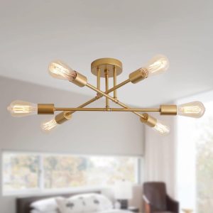 Gold Modern Sputnik Chandelier Ceiling Light Fixtures,6-Lights Industrial Metal Semi Flush Mount Ceiling Light for Bedroom Dining Room Living Room Kitchen Hallway UL Listed