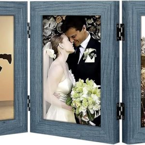 Golden State Art, 5x7 Three Picture Frame Trifold Hinged Photo Frame with 3 Openings, Desk Top Family Picture Collage, with Real Glass (5x7 Triple, Blue, 1-Pack)