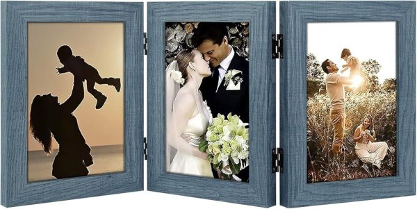 Golden State Art, 5x7 Three Picture Frame Trifold Hinged Photo Frame with 3 Openings, Desk Top Family Picture Collage, with Real Glass (5x7 Triple, Blue, 1-Pack)