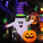 GOOSH 5 FT Halloween Inflatables Ghost Outdoor Decorations Blow Up Yard Cute Wizard Ghost with Pumpkin Black Cat with Built-in LEDs for Garden Lawn Indoor Party Decor