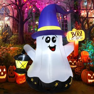 GOOSH 5 FT Halloween Inflatables Ghost Outdoor Decorations Blow Up Yard Cute Wizard Ghost with Hand-Held Light with Built-in LEDs for Garden Lawn Indoor Party Decor