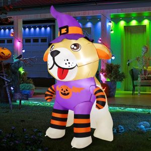 GOOSH 6 FT Halloween Inflatables Dog Outdoor Decorations Blow Up Yard Cute Puppy Wearing Pumpkin Outfit and Witch's Hat with Built-in LEDs for Garden Lawn Indoor Party Decor