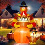 GOOSH 6 FT Thanksgiving Inflatables Turkey Outdoor Decorations Blow Up Yard Turkey on Pumpkin with Turkey Baby with Built-in LEDs for Indoor Party Garden Lawn Decor