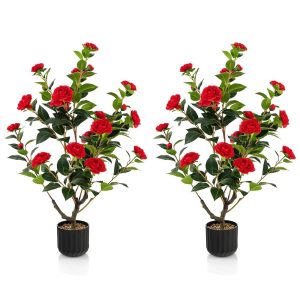 Goplus 38’’ Artificial Camellia Tree, 2 Pack Flower Plants Artificial Tree, Faux Floral Plant Blooming Tree in Cement Pot, Greenery Potted Plant for Indoor Outdoor Office Home...