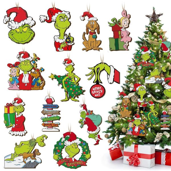 Grinch Christmas Tree Decorations, 24pcs Unique Wooden Grinch Christmas Hangings Ornaments for Christmas Tree Topper, 2024 New Grinch XmasTree Decor Gift for Indoors Home Party...