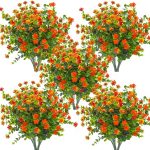 Grunyia 10 Bundles Artificial Fake Flowers, Faux Outdoor Plastic Plants UV Resistant Shrubs Outside Indoor Decorations (Orange-eucalyptus)