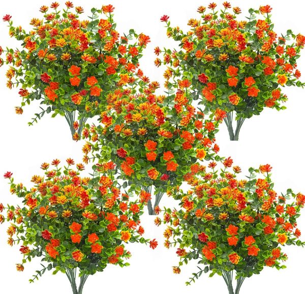 Grunyia 10 Bundles Artificial Fake Flowers, Faux Outdoor Plastic Plants UV Resistant Shrubs Outside Indoor Decorations (Orange-eucalyptus)