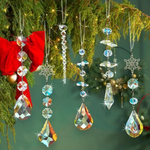 GuassLee Christmas Crystal Prism Ornaments for Christmas Tree - 6pcs Iridescent Teardrop Crystal Glass Sun Catcher for Christmas Decorations Indoor Tree Birthday Party Decor