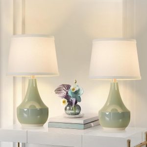 GyroVu Table Lamp Set of 2, 18.63” Ceramic Table Lamp Classic Beside Lamps Nightstand Lamp Modern Table Lamp for Living Room, Bedroom & Office Rocker Swtich Sage Green-LED Bulbs...