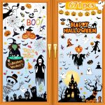 Halloween Decorations 671 PCS Halloween Window Clings, 10 Sheets Large Halloween Window Decorations Stickers Double-Sided Removable Glass Window Decals, Happy Halloween Window...