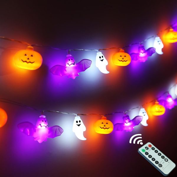 Halloween Lights, 16.4FT 30 LED Pumpkin Bat Ghost Battery Operated Orange and Purple String Lights Strobe 8 Lighting Modes Timer Fairy Indoor Outdoor Window Front Porch Decor...