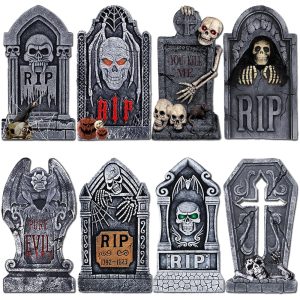 Halloween Tombstones Decorations Outdoor, 8 PCS Halloween Graveyard Yard Decorations 16.5" Gravestones Signs with Stakes for Halloween Scary Cemetery RIP Skeleton Headstones...