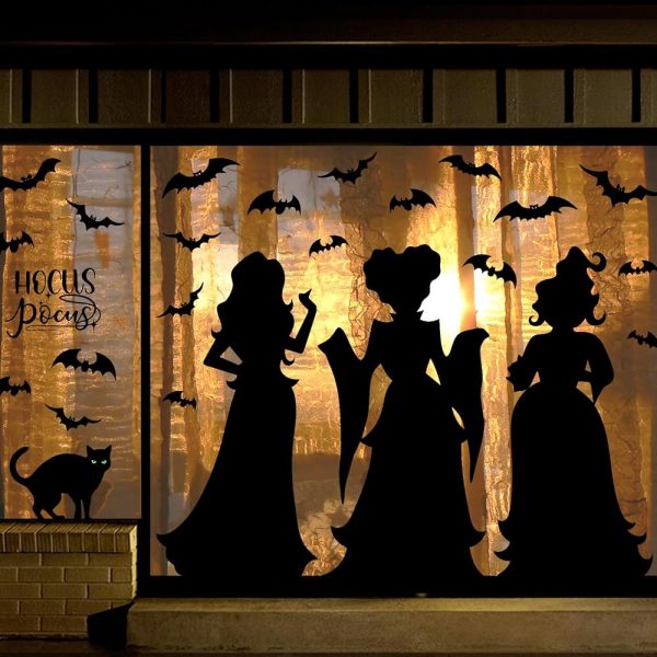 Halloween Window Clings Decor Decorations: Extra Large Hocus-Pocus Witchs Black Cat Bat Silhouette Window Decals, Halloween Window Stickers Indoor, School Home Office Party 3...