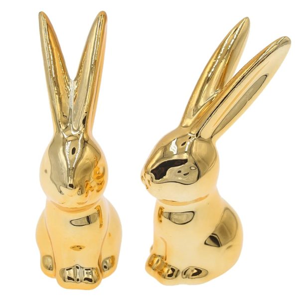 Hananona 2 Pcs Ceramic Animal Bunny Figurines Ornaments, Gold Ceramic Rabbit Bunny Rings Holder Easter Home Decor Sculptures and Statues Handmade Artware Gifts