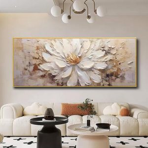 Hand-Painted Flower Canvas Oil Painting for Living Room, Large White Floral Canvas Wall Art for Bedroom,Gold Framed 3D Textured Painting for Office Kitchen Home Decoration 24x56...