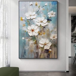 Hand-Painted White Flowers Oil Painting On Canvas for Living Room-Black Framed Floral Canvas Wall Art for Office-Large Modern Artwork Framed Ready to Hang for Home Decoration...