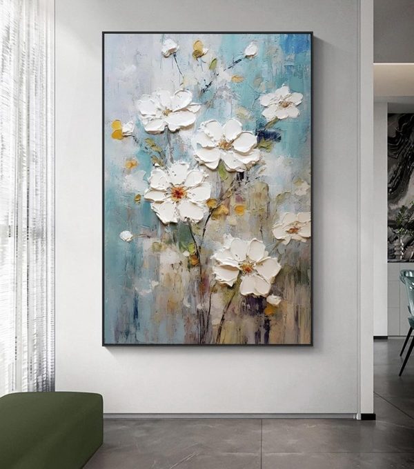 Hand-Painted White Flowers Oil Painting On Canvas for Living Room-Black Framed Floral Canvas Wall Art for Office-Large Modern Artwork Framed Ready to Hang for Home Decoration...