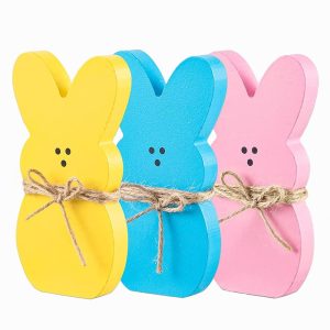 Happy Easter Bunny Table Sign,Easter Decor Easter Wooden Signs for Tiered Tray/Mantel/Table Decorations, Style of Peeps 3 Pcs