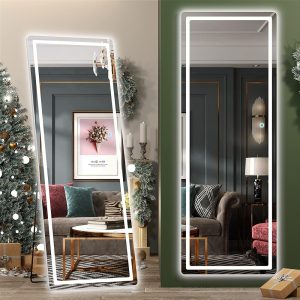 Hasipu Full Length Mirror with Lights, 65" x 22" LED Floor Mirror, Full Body Dressing Standing Mirror, Hanging Mounted Mirror for Living Room Bedroom Cloakroom, Round Black