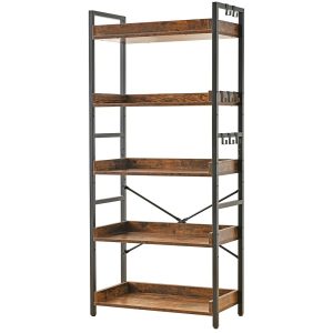 HCHQHS Adjustable 5 Tier Open Bookcase, Rustic Farmhouse Book Shelves, Industrial Wood and Black Metal Bookshelves, Mid Century Bookcase for Home Office Living Room Bedroom