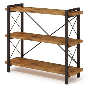 HCHQHS Bookshelf, 3-Tier Industrial Bookcase, Rustic Open Book Shelf, Wood and Metal Horizontal Bookshelves