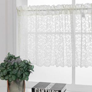 H.ebony White Floral Rose Lace Sheer Window Curtain Valances 52x18 inch, Vintage Lace Floral Knitted Semi Sheer Rod Pocket Curtain Valance for Kitchen Cafe Dinning Bath Room,1...