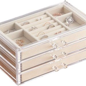 HerFav Acrylic Jewelry Organizer Box with 3 Drawers, Clear Jewelry Boxes for Women Earring Rings Bangle Bracelet and Necklace Holder Storage Velvet Jewelry Display Case