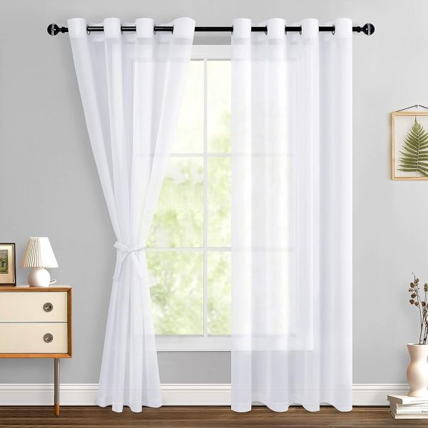 Hiasan White Sheer Curtains 84 Inches Long with Tiebacks, Light Filtering Semi Transparent Lightweight Voile Grommet Window Curtains for Bedroom, Living Room, W52 x L84, Set of...