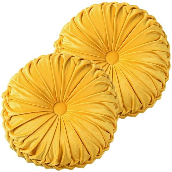 HIG Set of 2 Decorative Round Pleated Throw Pillows, Classy Accent Pumpkin Throw Pillows with Center Button, Vintage Velvet Floor Pillow for Sofa Couch Vanity Chair Bed, Yellow,...