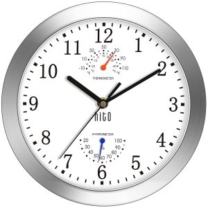 HITO 10 Inch Silent Wall Clock Battery Operated Non Ticking Glass Cover Silver Aluminum Frame, for Kitchen, Bedroom, Home Office, Living Room Decor (White)